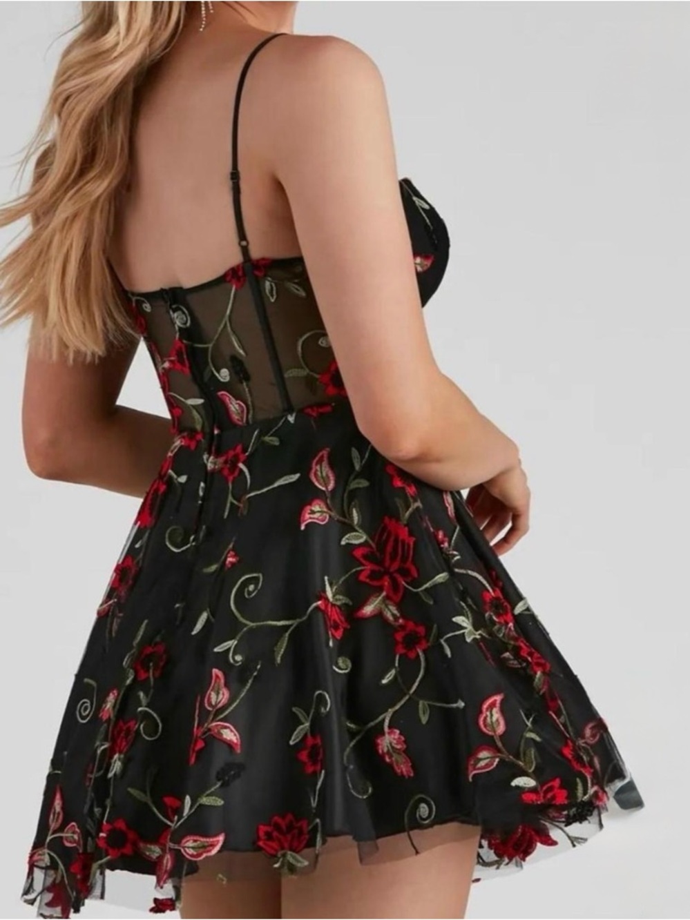B. Darlin Black Mesh Dress w/ Red Floral Embroidery & Corset Top sz 9/10 fairy - Picture 2 of 13